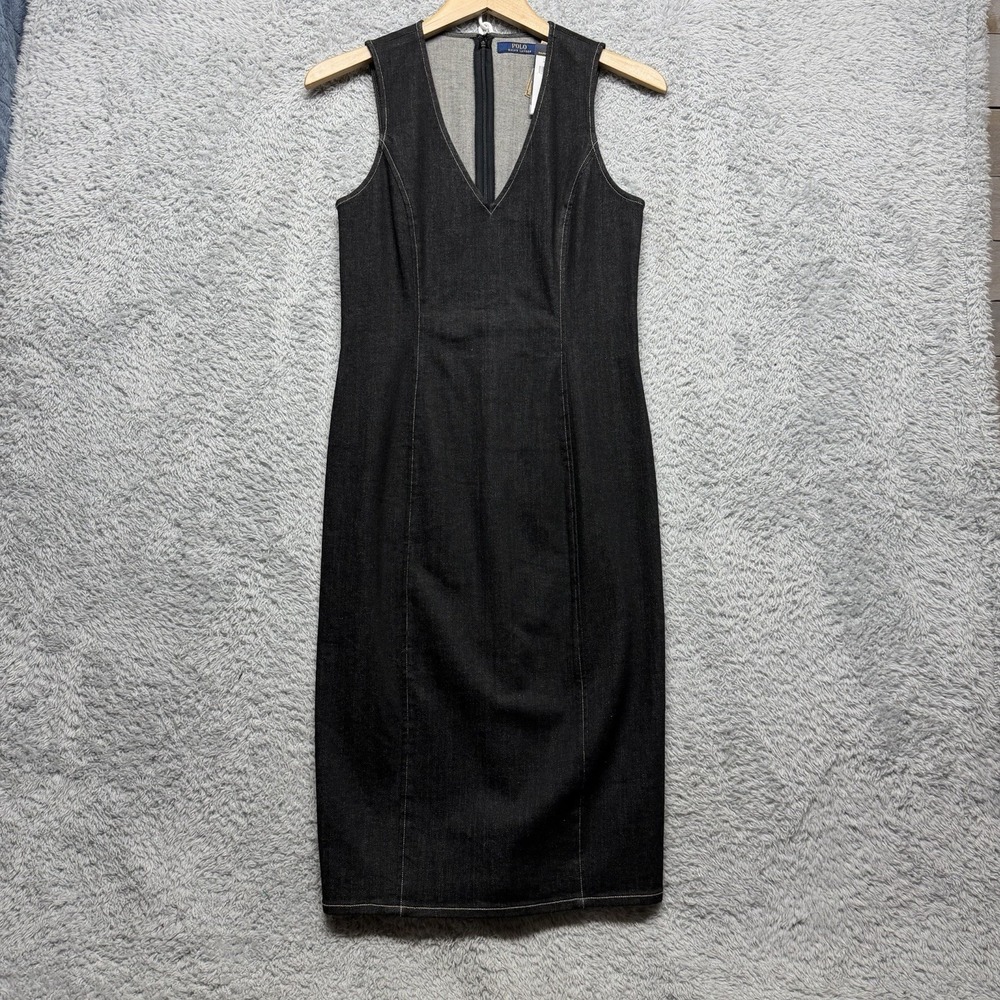 Polo Ralph Lauren Denim Dress Women 8 Black V Neck Sheath Sleeveless Bodycon New